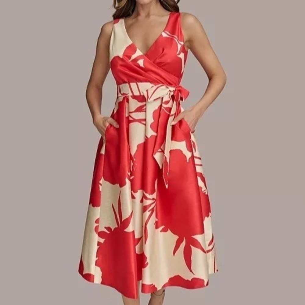 Donna Karan New York Printed Tie Waist V Neck A Line Dress Womens Size 10 NWT